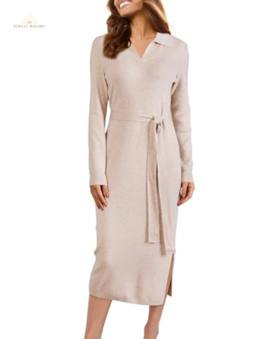 Wool Blend Polo Collar V-Neck Midi Sweater Dress with Belt Long Sleeve Work